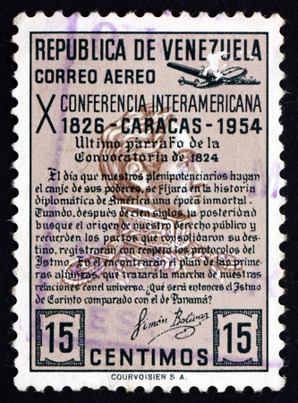 VENEZUELA - CIRCA 1954: a stamp printed in the Venezuela shows Quotation from Bolivar's Manifesto 0f 1824, 10th Inter-American Conference, Caracas, circa 1954のeditorial素材