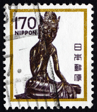 JAPAN - CIRCA 1980 a stamp printed in the Japan shows Seated Maitreya, Gilt Bronze, Horyuji Temple, Ikaruga, Nara Prefecture, circa 1980のeditorial素材