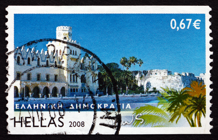 GREECE - CIRCA 2008: a stamp printed in the Greece shows Kos, Island View, Greek Island of the Group of the Dodecanese, circa 2008のeditorial素材