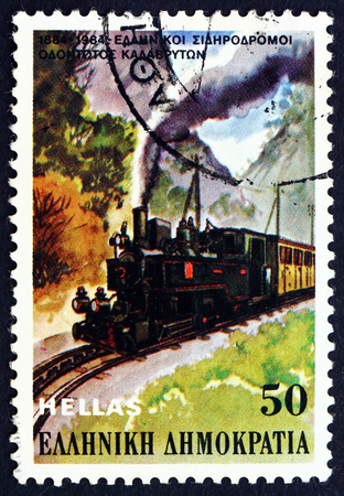 GREECE - CIRCA 1984: a stamp printed in the Greece shows Calavryta Cogwheel Railway Steam Train, Greek Railway Centenary, circa 1984のeditorial素材