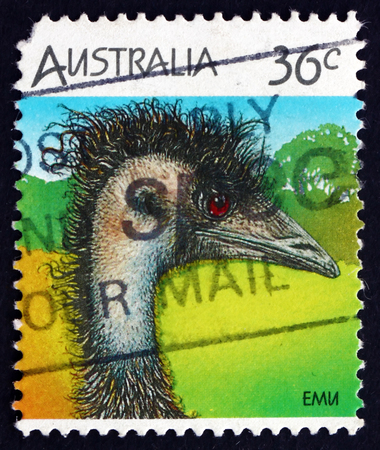 AUSTRALIA - CIRCA 1986: a stamp printed in the Australia shows Emu, Dromaius Novaehollandiae, bird, Wildlife, circa 1986のeditorial素材