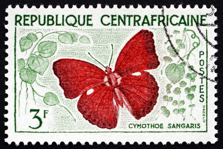 CENTRAL AFRICAN REPUBLIC - CIRCA 1961: a stamp printed in Central African Republic shows Cymothoe Sangaris, Butterfly, circa 1961のeditorial素材