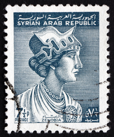 SYRIA - CIRCA 1963 a stamp printed in the Syria shows Queen Zenobia, Arabic Queen of the Palmyrene Empire in Syria, circa 1963のeditorial素材