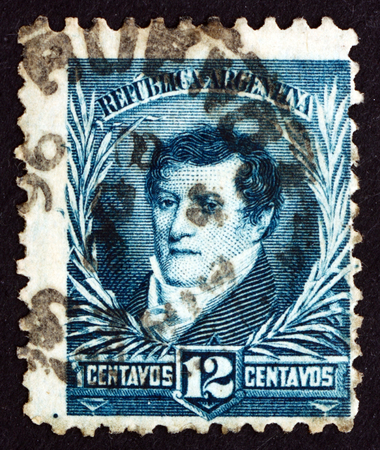 ARGENTINA - CIRCA 1893: a stamp printed in the Argentina shows Manuel Belgrano, Economist, Lawyer, Politician and Military Leader, circa 1893のeditorial素材