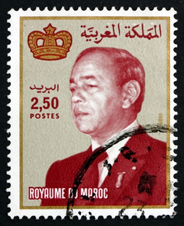 MOROCCO - CIRCA 1987: a stamp printed in Morocco shows Hassan II, King of Morocco, circa 1987のeditorial素材