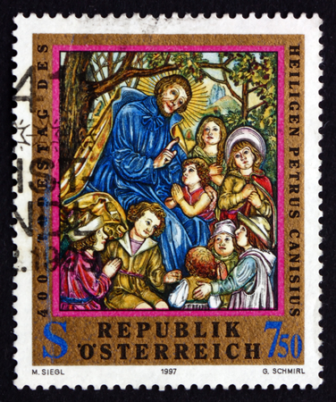 AUSTRIA - CIRCA 1997: a stamp printed in the Austria shows St. Peter Canisius, Canisius Altar, Innsbruck, circa 1997のeditorial素材