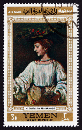 YEMEN - CIRCA 1968: a stamp printed in the Yemen Arab Republic shows Portrait of Hendrickje Stoffels, Painting by Rembrandt Harmenszoon van Rijn, Dutch Painter, circa 1968のeditorial素材