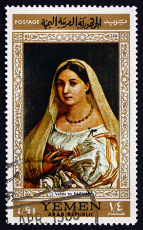 YEMEN - CIRCA 1968: a stamp printed in the Yemen Arab Republic shows Woman with a Veil, Painting by Raphael, Italian Painter, circa 1968のeditorial素材