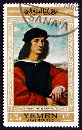 YEMEN - CIRCA 1968: a stamp printed in the Yemen Arab Republic shows Portrait of Agnolo Doni, Painting by Raphael, Italian Painter, circa 1968のeditorial素材