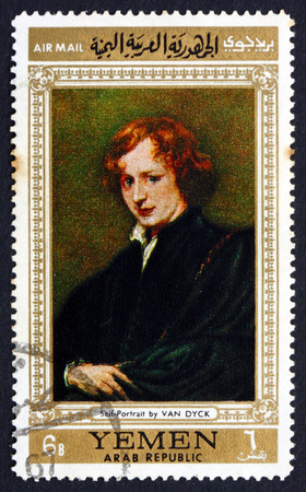 YEMEN - CIRCA 1967: a stamp printed in the Yemen Arab Republic shows Self-portrait, Painting by Anthony van Dyck, Flemish Master, circa 1967のeditorial素材