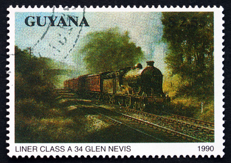 GUYANA - CIRCA 1990: a stamp printed in Guyana shows Liner Class A34, Glen Nevis, Locomotive, circa 1990のeditorial素材
