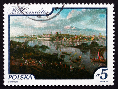 POLAND - CIRCA 1984: a stamp printed in the Poland shows View of Warsaw from the Praga Bank, Painting by Bernardo Belotto Canaletto, Vistula River View, circa 1984のeditorial素材