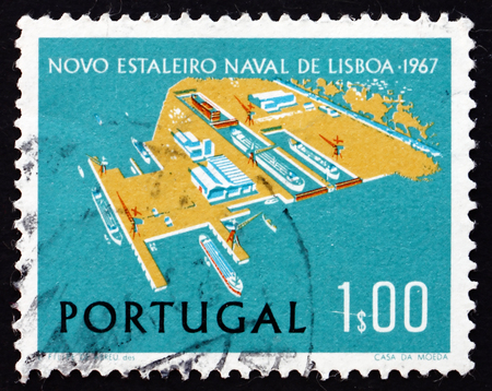PORTUGAL - CIRCA 1967: a stamp printed in the Portugal shows Lisnave Shipyard at Margueira, Lisbon, circa 1967のeditorial素材