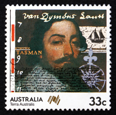 AUSTRALIA - CIRCA 1985: a stamp printed in the Australia shows Abel Tasman, Dutch Seafarer and Explorer, circa 1985のeditorial素材