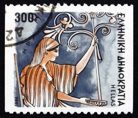 GREECE - CIRCA 1986: a stamp printed in the Greece shows Hera, Greek Goddess of Women and Marriage, Wife and One of Three Sisters of Zeus, Ancient Greek Religion, circa 1986のeditorial素材