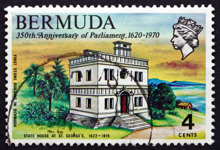 BERMUDA - CIRCA 1970: a stamp printed in Bermuda shows State House, St. George's, 1622-1815, 350th Anniversary of Bermuda's Parliament, circa 1970のeditorial素材