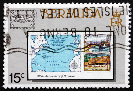 BERMUDA - CIRCA 1986: a stamp printed in Bermuda shows Map of Atlantic Ocean and Two Stamps, 375th Anniversary of Bermuda Settlement, circa 1986のeditorial素材