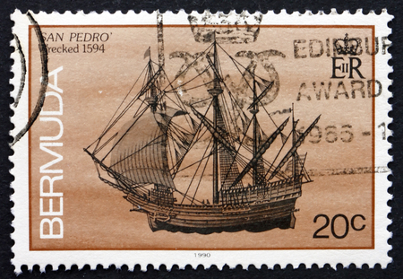 BERMUDA - CIRCA 1986: a stamp printed in Bermuda shows San Pedro, Shipwreck, Wrecked 1594, circa 1986のeditorial素材