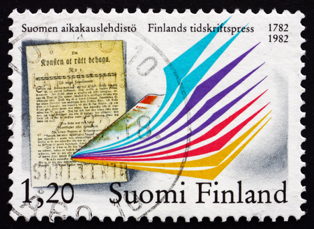 FINLAND - CIRCA 1982: a stamp printed in the Finland shows Om Konsten att Ratt Behaga, Bicentenary of the First Issue, circa 1982のeditorial素材