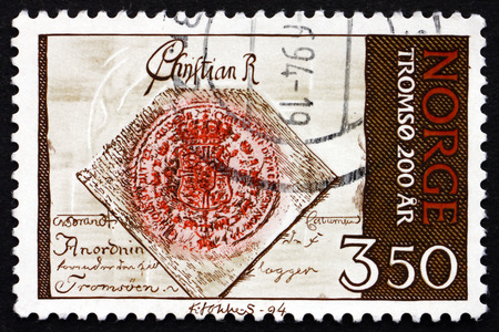 NORWAY - CIRCA 1994: a stamp printed in the Norway shows Royal Seal, Tromso Charter, Bicentenary, circa 1994のeditorial素材
