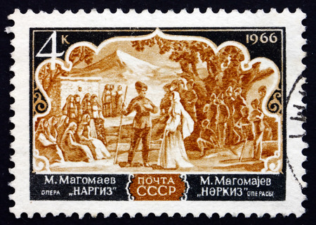RUSSIA - CIRCA 1966: a stamp printed in the Russia shows Scene from Nargiz, Opera by Muslim Magomayev, Azerbaijan Opera, circa 1966のeditorial素材