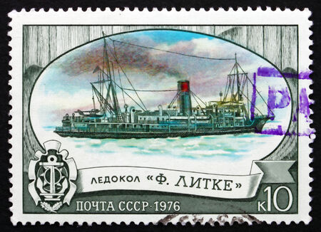 RUSSIA - CIRCA 1976: a stamp printed in the Russia shows Fedor Litke, Icebreaker, circa 1976のeditorial素材