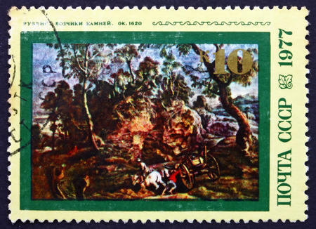 RUSSIA - CIRCA 1977: a stamp printed in the Russia shows Workers in Quarry, Painting by Rubens, Hermitage, Leningrad, circa 1977のeditorial素材