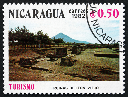 NICARAGUA - CIRCA 1982: a stamp printed in Nicaragua shows Ruins, Leon Viejo, circa 1982のeditorial素材