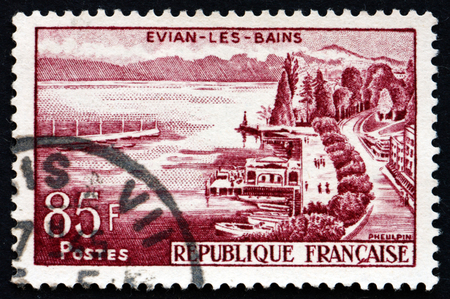FRANCE - CIRCA 1959  a stamp printed in the France shows View of Evian-les-Bains, Commune in the Haute-Savoie Department of the Rhone-Alpes, circa 1959のeditorial素材