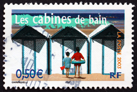 FRANCE - CIRCA 2003  a stamp printed in the France shows Beach Cabins, Aspects of Life in the French Regions, circa 2003のeditorial素材