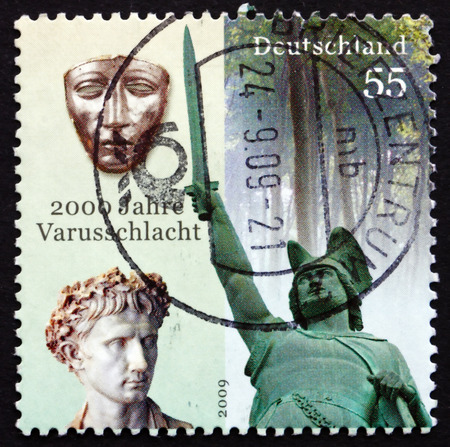 GERMANY - CIRCA 2009: a stamp printed in the Germany shows The Battle of the Teutoburg Forest, 2000th Anniversary, Varus Battle, circa 2009のeditorial素材