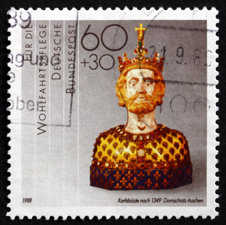 GERMANY - CIRCA 1988: a stamp printed in the Germany shows Bust of Charlemagne, 14th Century, Aachen Cathedral, circa 1988のeditorial素材