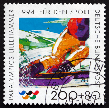 GERMANY - CIRCA 1994: a stamp printed in the Germany shows Skier, 1994 Paralympics, Lillehammer, Norway, circa 1994のeditorial素材