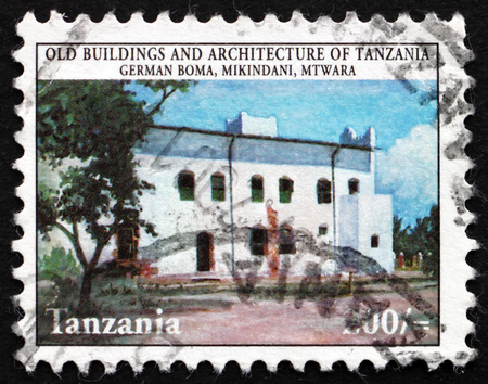 TANZANIA - CIRCA 1980: a stamp printed in Tanzania shows German Boma, Mikindani, Mtwara, circa 1980のeditorial素材