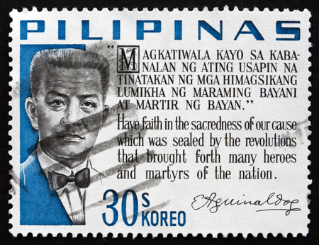 PHILIPPINES - CIRCA 1966: a stamp printed in Philippines shows Emilio Aguinaldo, the First President of the Philippines, 1899-1901, circa 1966のeditorial素材