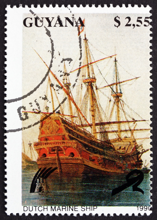 GUYANA - CIRCA 1990: a stamp printed in Guyana shows Dutch Marine Ship, Sailing Ship, circa 1990のeditorial素材