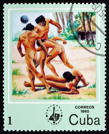 CUBA - CIRCA 1985: a stamp printed in the Cuba shows Playing Ball, Indian Activities, circa 1985のeditorial素材