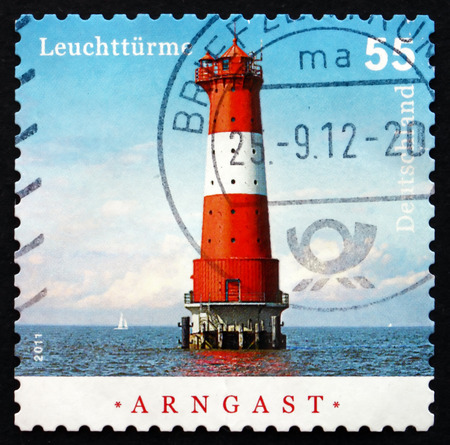 GERMANY - CIRCA 2011: a stamp printed in the Germany shows Arngast, Lighthouse, circa 2011のeditorial素材