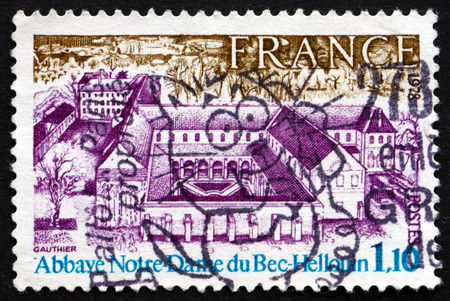 FRANCE - CIRCA 1978: a stamp printed in the France shows Our Lady of Bec-Hellouin Abbey, Benedictine Abbey, circa 1978のeditorial素材