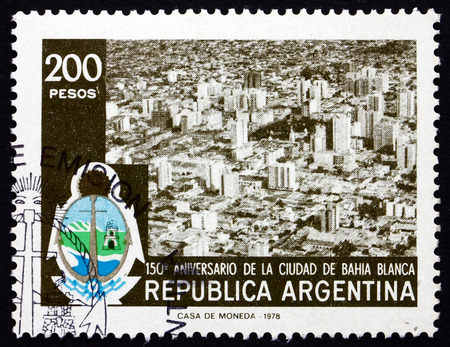 ARGENTINA - CIRCA 1978: a stamp printed in the Argentina shows View and Arms of Bahia Blanca, Sesquicentennial of Bahia Blanca, circa 1978のeditorial素材