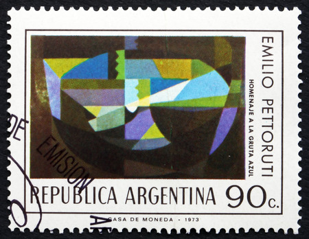 ARGENTINA - CIRCA 1974: a stamp printed in the Argentina shows The Blue Grotto, Painting by Emilio Pettoruti, circa 1974のeditorial素材