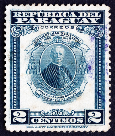 PARAGUAY - CIRCA 1948: a stamp printed in Paraguay shows Juan Sinforiano Bogarin, Archbishop of Asuncion, circa 1948のeditorial素材