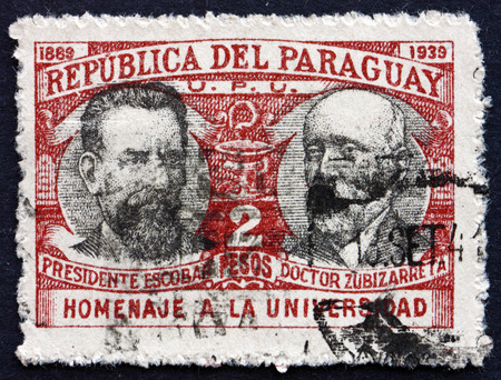 PARAGUAY - CIRCA 1940: a stamp printed in Paraguay shows President Patricio Escobar and Ramon Zubizarreta, 50th Anniversary of the Founding of the University of Asuncion, circa 1940のeditorial素材