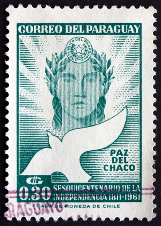 PARAGUAY - CIRCA 1961: a stamp printed in Paraguay shows Chaco Peace, 150th Anniversary of Independence, circa 1961のeditorial素材