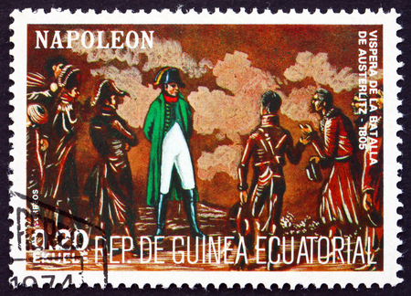 EQUATORIAL GUINEA - CIRCA 1972: a stamp printed in Equatorial Guinea shows Battle of Austerlitz, Napoleon Bonaparte, circa 1972のeditorial素材