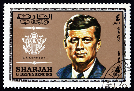 SHARJAH - CIRCA 1969: a stamp printed in the Sharjah UAE shows John Fitzgerald Kennedy, American Politician, 35th President of the United States from 1961 until 1963, circa 1969のeditorial素材