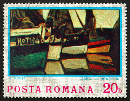 ROMANIA - CIRCA 1974: a stamp printed in the Romania shows Boats at Montfleur, Painting by Claude Monet, circa 1974のeditorial素材