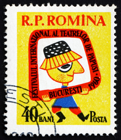 ROMANIA - CIRCA 1960  a stamp printed in the Romania shows Petrushka, Russian Puppet, International Puppet Theater Festival, circa 1960のeditorial素材