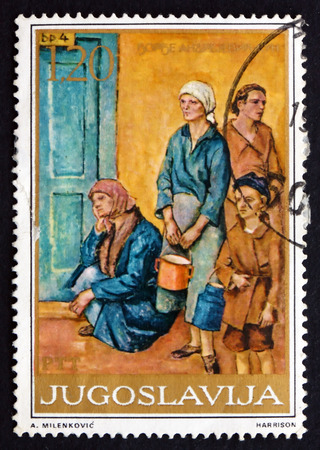 YUGOSLAVIA - CIRCA 1975: a stamp printed in the Yugoslavia shows Soup Kitchen, Painting by Dorde Andrejevic-Kun, Social Painting, circa 1975のeditorial素材