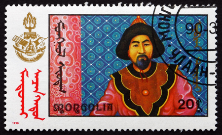 MONGOLIA - CIRCA 1990: a stamp printed in Mongolia shows Scene from Mongolian-made Film, circa 1990のeditorial素材